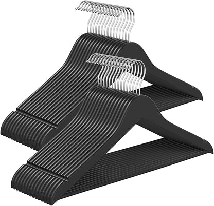 SONGMICS Wooden Hangers, Pack of 30, Coat Hangers, Pants Bar, 360° Swivel Hooks, Solid Birch Wood, Space Saving, for Jackets, Shirts, Coats, Ink Black UCRW030B01