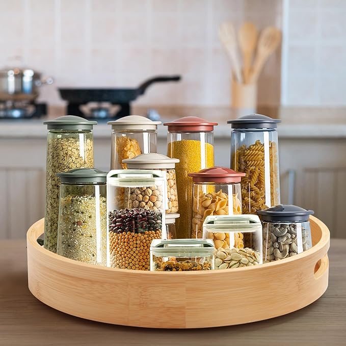 14in Bamboo Lazy Susan Pantry Organizer and Storage for Countertop and Spice Organization for Cabinet Round Rotating Serving Tray Turntable Seasoning Organizer for Kitchen Table Top