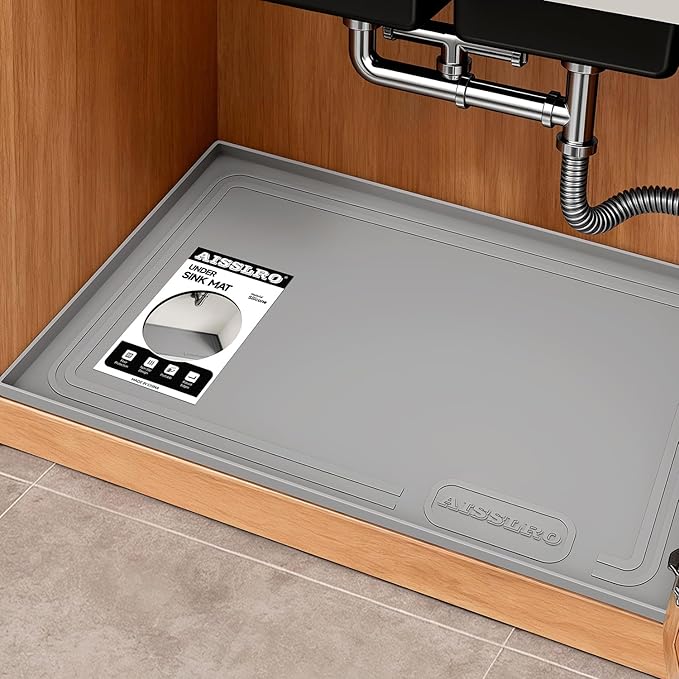 Aisslro Under Sink Mat 34" X 22", Waterproof Silicone Under Sink Mats for Kitchen, Anti-Leak Shelf Liner & Cabinet Protector with Raised Edge, [BPA Free] Bathroom Tray Home Organizer, Gray