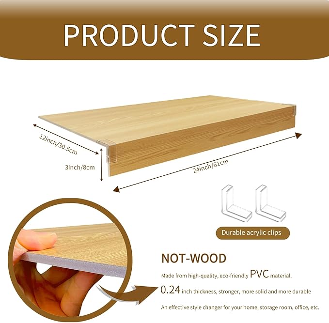 Wire Shelf Cover,KHASIM Wire Rack Covers for Pantry,PVC Wood-Look Faux Wood Shelf Liners,24x12 Inch,0.24 inch Thick for Home and Kitchen Organization