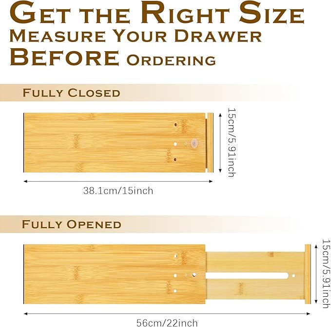 4 Pcs 6 Inch High Drawer Dividers 15"-22" Adjustable Bamboo Drawer Dividers Deep Expandable Dresser Organizer with Spring Loaded for Clothes Bedroom Bathroom Kitchen Fridge Office