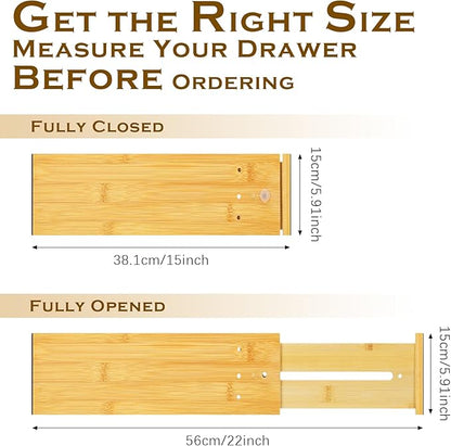 4 Pcs 6 Inch High Drawer Dividers 15"-22" Adjustable Bamboo Drawer Dividers Deep Expandable Dresser Organizer with Spring Loaded for Clothes Bedroom Bathroom Kitchen Fridge Office