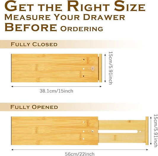 4 Pcs 6 Inch High Drawer Dividers 15"-22" Adjustable Bamboo Drawer Dividers Deep Expandable Dresser Organizer with Spring Loaded for Clothes Bedroom Bathroom Kitchen Fridge Office