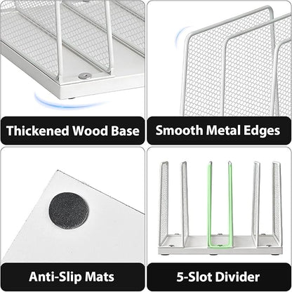 Small Desk File Organizer, 5-Section Upright File Sorter, Vertical File Folder Holder, Mesh Metal Wood Office Desktop Organization for Document, Magazine, Books and more (White)