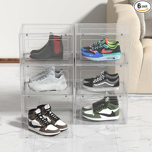 Waikhomes 6 Pack Shoe Boxes, Clear Stackable Plastic Sneaker Box Container, Side Open Shoe Organizer Case Container with Magnetic Clear Door