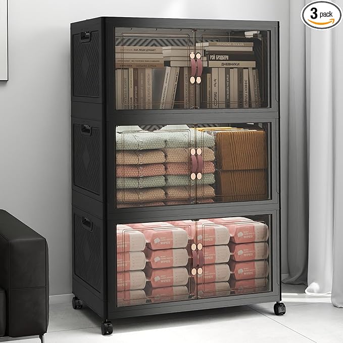 Extra Large Stackable Storage Bins, Lockable Storage Bins with Lids, Folding Storage box with Doors and Wheels, Collapsible Plastic Drawers for Home, Garage, Office (3, Black, Large)