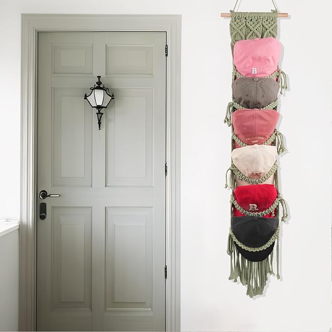 KaloKalo Macrame Cap Holder Boho Hat Hangers Over Door Ball Cap Rack Organizer Decorative Bohemian Handmade Woven Wall Hanging for Baseball Cap Display Decoration (Green, Up to 12 Caps)