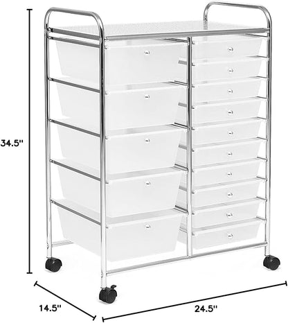 KOTEK 15-Drawer Rolling Storage Cart, Multipurpose Mobile Utility Cart with 4 Wheels, Home Office School Tools Scrapbook Paper Organizer (Clear)