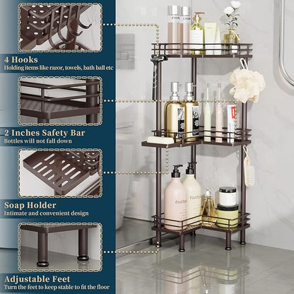 Consumest Corner Shower Caddy Standing - 3-Tier Stainless Steel Shower Organizer with Soap Holder and 4 Hooks, Large Capacity Corner Shelf Stand for Bathroom, Rest Room, Bronze