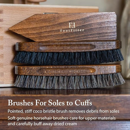 FootFitter Advanced Shoe Care Brush Set, Premium Horsehair Shine Brushes, Suede Eraser, Stiff Cleaning Brush & Shine Cloths for Polishing Leather & Suede Footwear (Made in Germany)