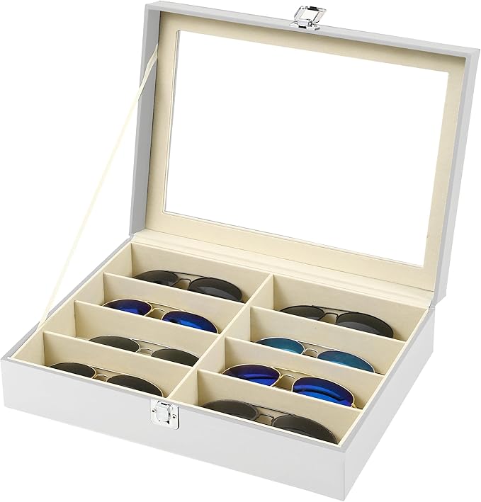 Homeanda PU Leather Sunglasses Case - 8 Slots Hard Shell Sunglasses Storage Box Organizer, Protective Glasses Organizer Christmas Gift for Men and Women(White)