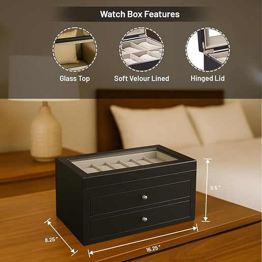 Bey-Berk Duke Matte Black Wood Watch Box – 36-Slot Organizer with Glass Top, 2 Drawers & Velour Lining