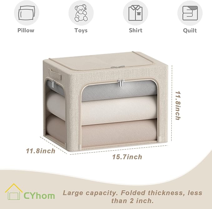 3Pack Stackable Foldable Storage Bin - Metal Frame Storage Box with Clear Window, Carry Handles (36L-15.7x11.8x11.8in, Beige)