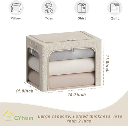 3Pack Stackable Foldable Storage Bin - Metal Frame Storage Box with Clear Window, Carry Handles (36L-15.7x11.8x11.8in, Beige)