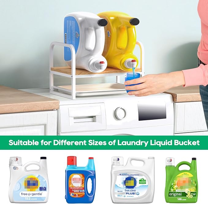 Laundry Detergent Holder Stand, Liquid Detergent Dispenser Shelf Organizer with Cleanable Drip Tray, Liquid Holder Stand Catcher for Laundry Room Organization and Storage (Flat-White)
