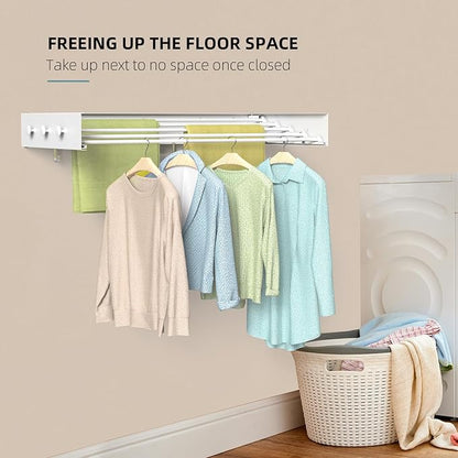 Drying Rack Clothing,Clothes Drying Rack Wall Mounted,Laundry Drying Rack Wall Mount,Foldable,Collapsible,60 lb Capacity 5 Aluminium Poles with 6 Hooks (White, 31.5'')