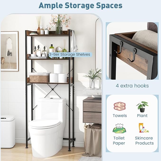 LOKO 3-Tier Over The Toilet Storage Rack, Bathroom Space Saver Shelf, Freestanding Above Toilet Organizer with 4 Hooks, Anti-Tipping Device, Metal Frame Toilet Rack for Balcony Laundry (Brown+Black)
