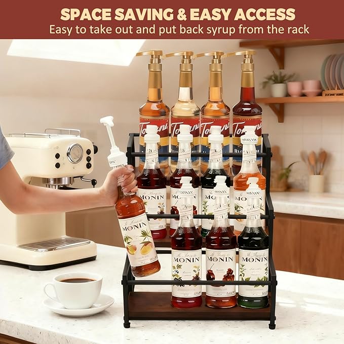 Coffee Syrup Rack Organizer - Metal Bottle Holder for 12 Bottles – Rustic Countertop Display Shelf for Coffee Bar, Kitchen Cabinet, Pantry Storage for Syrups, Liquor, Spice, Tea & Wine (3-Tier)