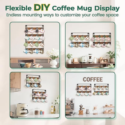 EsLuker.ly Mug Holder Hanger Rack Wall Mounted Wooden 2 Pack Coffee Cup Storage Organizer Display Shelf with 16 Movable Plastic Hooks, Ideal for Mug Collectors