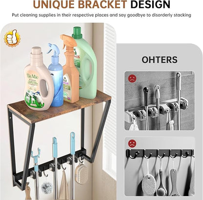 Broom Holder Wall Mount, Heavy Duty Broom & Mop Organizer Wall Hanging for Laundry Room Organization, Garage Storage & Home Improvement, Multi-Layer Iron & Wood Shelving with Hooks