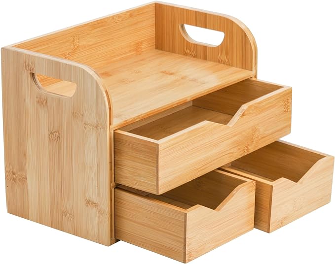 Hacaroa 3 Tier Bamboo Desktop Organizer with 3 Drawers, Mini Tabletop Craft Box Cosmetic Storage Drawer with Handle, Portable Desk Letter Mail Sorter for Office Supply, Toiletries