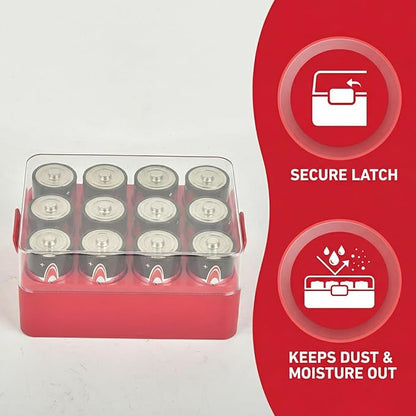 ALCYON Battery Organizer Storage Case, Battery Vault Box Container for 12pcs D Batteries, Plastic Clear Protective Battery Holder for Travelling/Home/Office (Red, Large)