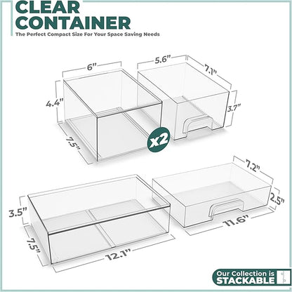 Sorbus Stackable Acrylic Storage Drawers – 2 Small + 1 Wide – 3 Pack Clear Plastic Organizer Bins for Baby Bottles, Makeup, Bathroom & Vanity, Pull-Out Drawer Design for Kitchen Cabinets