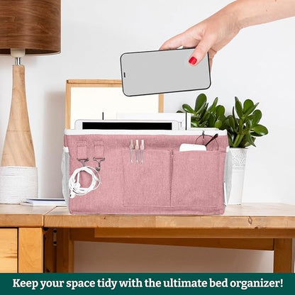 ADVANCELLPRO Bedside Caddy Organizer Hanging Storage Bag with Pockets for Books, Magazines, Phone, Tablet & Water Bottle – Bedside Storage for Dorm, Bunk Beds, Hospital Beds & Cribs, Pink