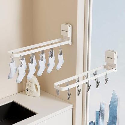 1 Pack Wall Mounted Suction Cup Clothes Drying Rack with 10 Clips, Portable & Collapsible Sock Hanger for Drying Socks, Bras, Underwear, Baby Clothes, Towels