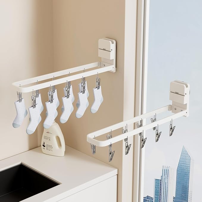 2 Pack Wall Mounted Suction Cup Clothes Drying Rack with 20 Clips, Portable & Collapsible Sock Hanger for Drying Socks, Bras, Underwear, Baby Clothes,Towels