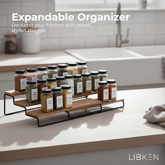 LIBKEN Tiered Spice Rack Organizer – Wood & Metal Countertop & Cabinet Spice Stand, Strong & Sturdy 3-Tier Shelf for Kitchen, Pantry, Seasoning Bottles – Minimal Scandinavian Design - Wood Brown