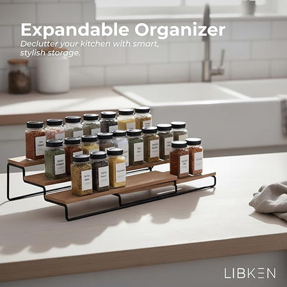 LIBKEN Tiered Spice Rack Organizer – Wood & Metal Countertop & Cabinet Spice Stand, Strong & Sturdy 3-Tier Shelf for Kitchen, Pantry, Seasoning Bottles – Minimal Scandinavian Design - Wood Brown