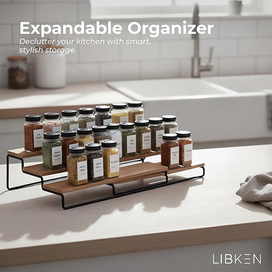 LIBKEN Tiered Spice Rack Organizer – Wood & Metal Countertop & Cabinet Spice Stand, Strong & Sturdy 3-Tier Shelf for Kitchen, Pantry, Seasoning Bottles – Minimal Scandinavian Design - Wood Brown
