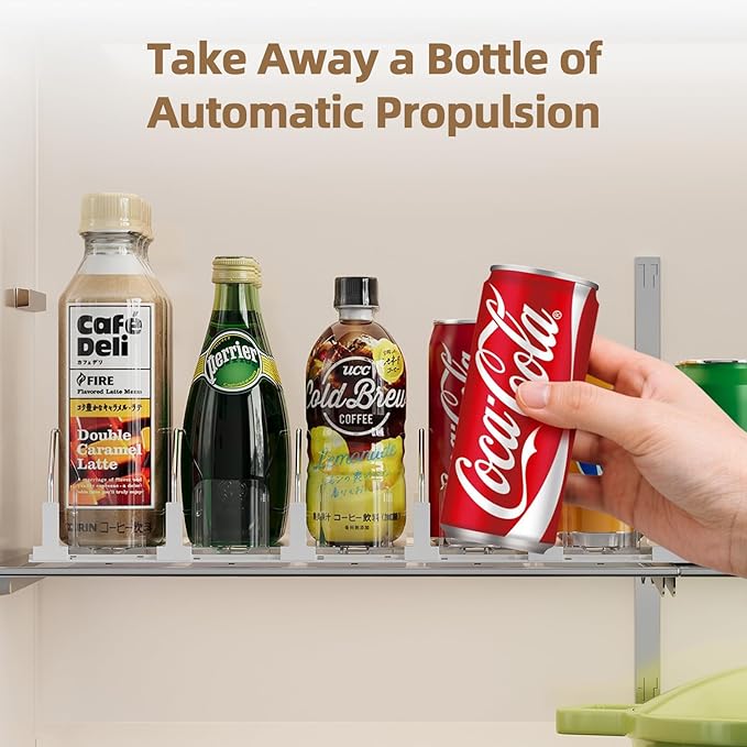 HIYOHIYO 6 Row Auto-Push Soda Can Organizer for Refrigerator, Automatic Pushing Drink Dispenser for Fridge, Self Push Beverage Rack, Drink Organizer Holds up to 30 Cans, Adjustable Width (Depth 15")