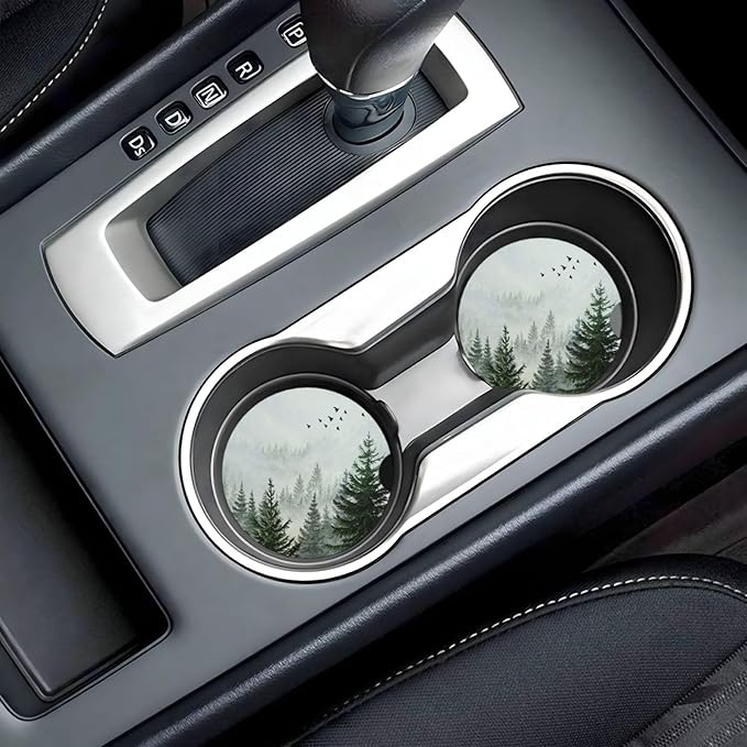 Forest Car Cup Holder Coaster 2 Pack Absorbent Ceramic Car Coasters for Cup Holders Car Accessories Interior for Women Men Universal Anti Slip Cork Base Cup Coasters with Finger Notch