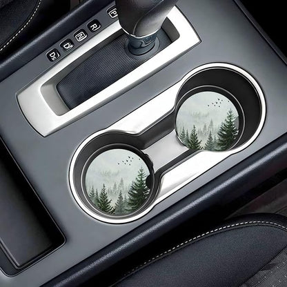 Forest Car Cup Holder Coaster 2 Pack Absorbent Ceramic Car Coasters for Cup Holders Car Accessories Interior for Women Men Universal Anti Slip Cork Base Cup Coasters with Finger Notch