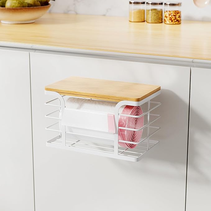 Trash Bag Holder Dispenser with Bamboo Top,Wall Mount Garbage Bag Dispenser,Stackable Storage Suitable for Garbage Bags of 100 Rolls under 13 Gallons,White Small