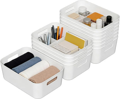 12 Pack Plastic Kitchen Organizing Storage Bins, White Snack Organizer for Pantry Shelf