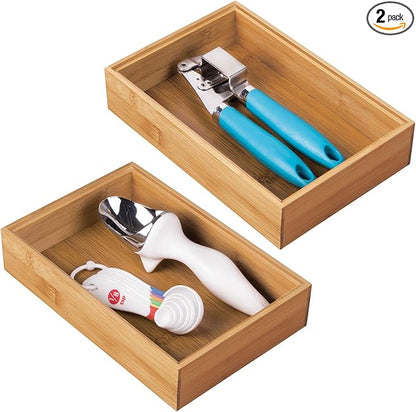 mDesign Pack of 2 Functional Drawer Organiser — Elegant Bamboo Kitchen Drawer Divider for Cutlery, Silverware, Utensils – Convenient Drawer Separator – Light Brown