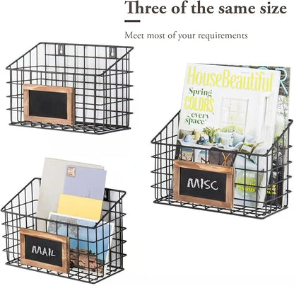 MyGift 10 Inch Wall Mounted Matte Black Metal Wire Storage Baskets with Chalkboard Labels, Small Hanging Organizer Bins for Home Entryway Kitchen Pantry Closet, Set of 3