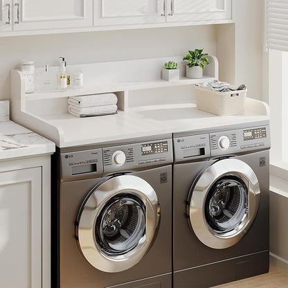 2-Tier Washer Dryer Countertop with 2.75"H Edge Rails, 54" W x 27.55" D Laundry Countertop for Folding Clothes, Washer and Dryer Topper with Non-Slip Pad (White)