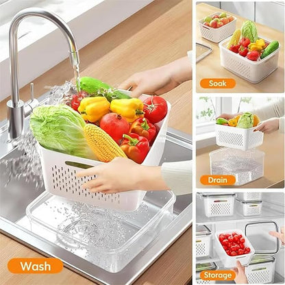 Organizeh Household Transparent Plastic Food Storage Box-Including Drain Basket, Portable Breathable Multifunctional Basin, Fruit Storage Containers for Fridge with Removable Colander (Grey)
