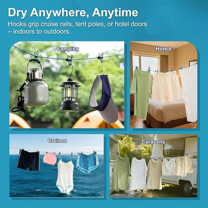 2 Pack Camping Portable Clothesline for Travel with 12 Clips, Blue Windproof Retractable Clothesline Kit for Camping, Home, Cruise, Hotel