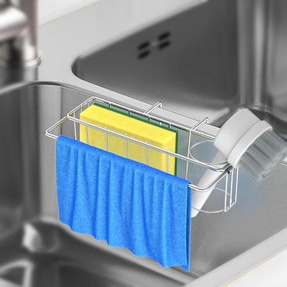 QMLALA Sponge Holder for Double Kitchen Sink, 3-in-1 Sink Caddy, Brush, Dish Towel, Sponge Sink Organizer Liquid Drainer Rack - SUS304 Stainless Steel