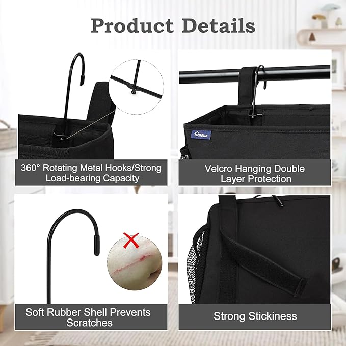 Surblue Bedside Organizer with Hook Bedside Caddy Hanging Storage Bag with Adjustable Straps and Water Bottle Holder for Home College Dorm Bunk Bed Accessories, Crib Bed Rails, Hospital Bed, Black