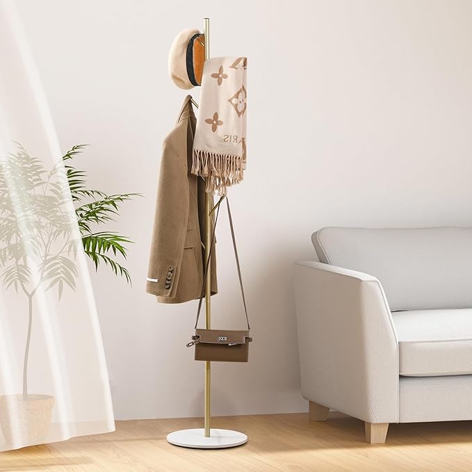 Freestanding Coat Rack with Marble Base, 4 Height Adjustable Standing Metal Coat Tree with 7 Hooks, Space-Saving Hat Clothes Coat Stand for Entryway, Bedroom, Office (Gold)