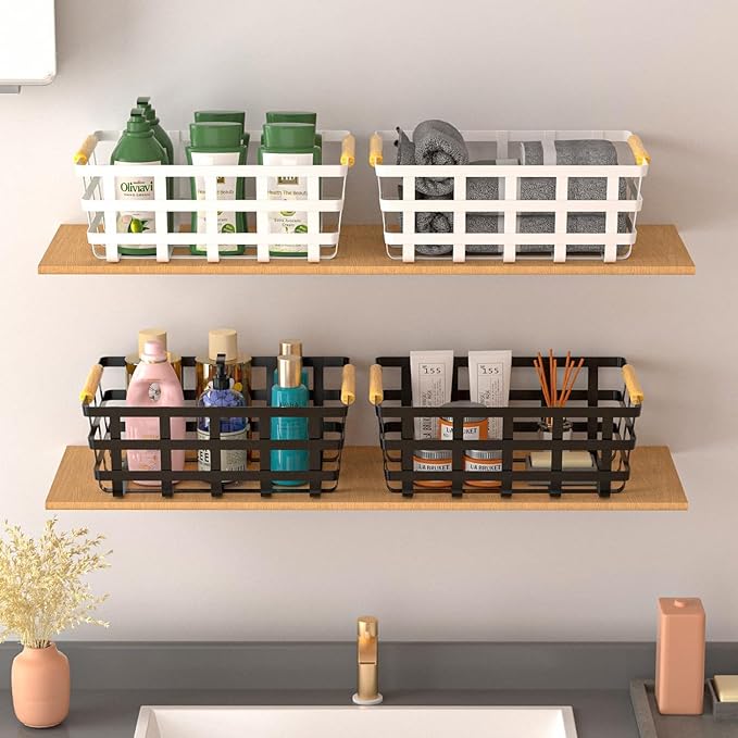 4 Packs Large Metal Storage Baskets,Farmhouse Baskets,Matte Black Pantry Organizer Baskets with Wood Handle, Metal Baskets Bins for Kitchen Pantry Shelf Cabinets