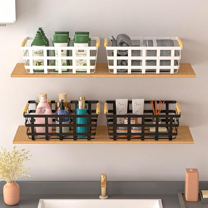 4 Packs Large Metal Storage Baskets,Farmhouse Baskets,Matte Black Pantry Organizer Baskets with Wood Handle, Metal Baskets Bins for Kitchen Pantry Shelf Cabinets