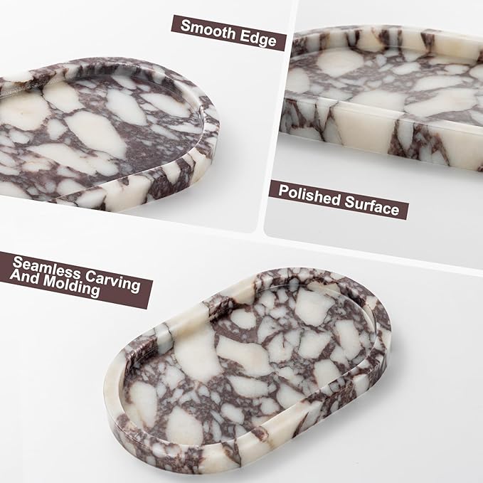 Calacatta Viola Marble Oval Trays 10"x6" - Bathroom Vanity & Kitchen Organizer Set, Stone Serving Dish for Jewelry/Perfume