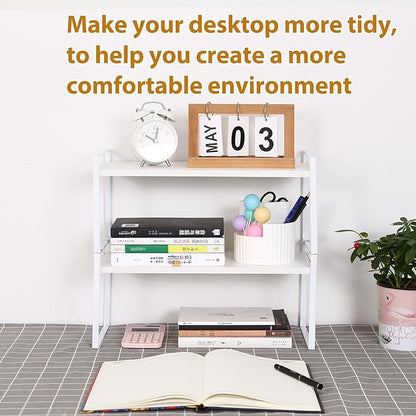 Desk Shelf Organizer for Top of Desk, Detachable 2 Tier Desktop Bookshelf, Wooden Desk Shelves Storage Rack, Small Desktop Shelf for Office Home Dorm, Tabletop Desk Organizer Stand (White+White)